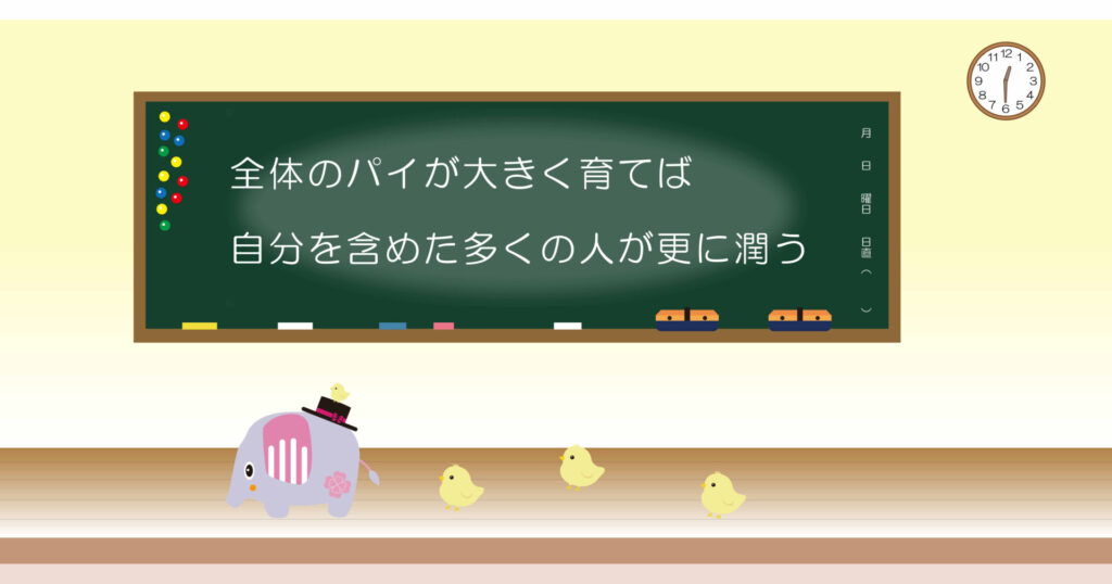 全体のパイが大きく育てば自分を含めた多くの人が更に潤う 黒板 画像